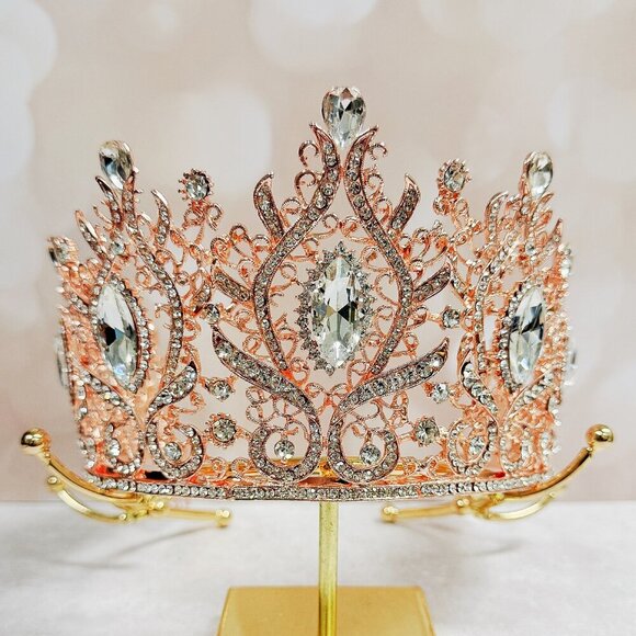 Princess Tiara, Rose Gold Wedding Tiara, Pageant Crown, Crystal Bridal Hairpiece - Picture 1 of 8